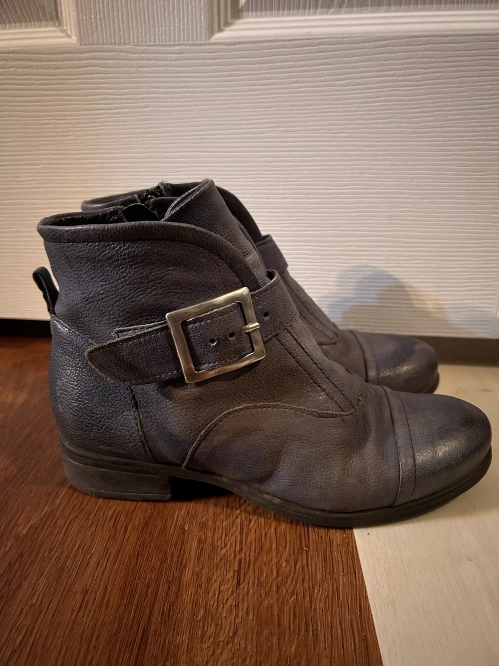 Miz Mooz Distressed Leather Buckled Ankle Boots Siggy River Blue Size EU Wide 37